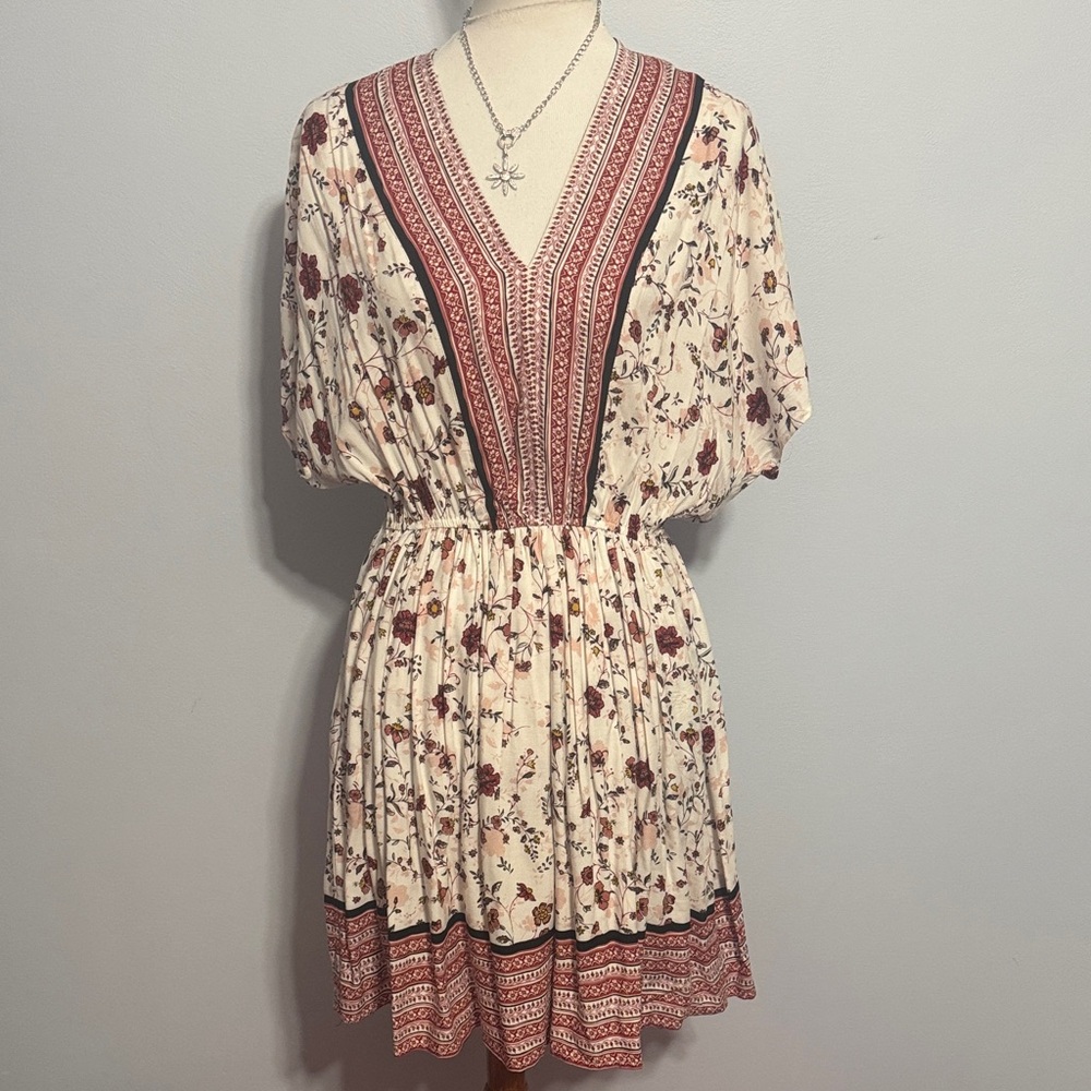 Kori Cream Mini Dress with Rust Floral and Border Trim